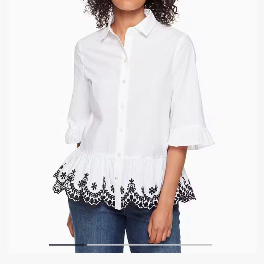 Kate Spade White Blouse with Black Embroidery